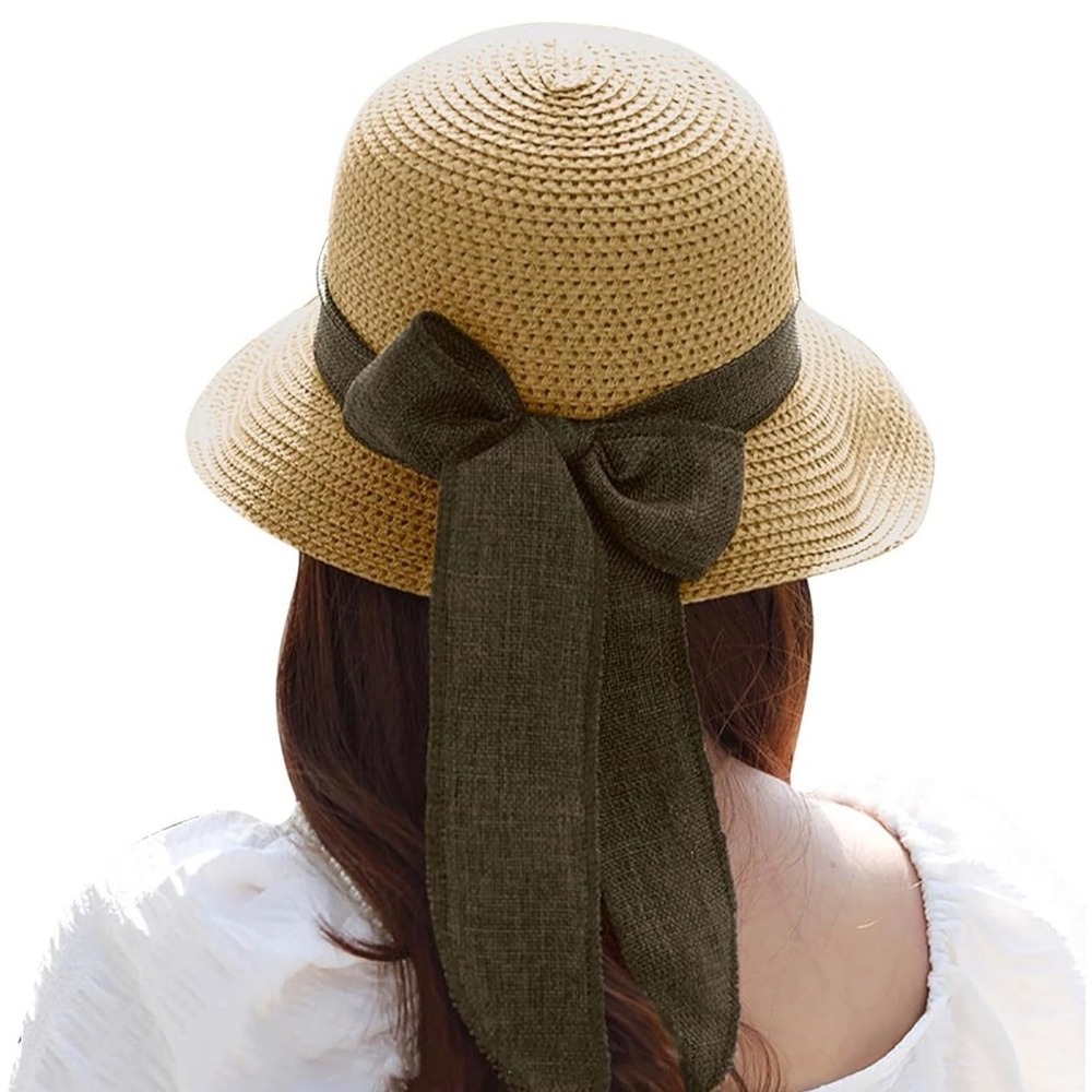 Woven Paper Straw Sun Hat with Large Olive Green Back Bow and Chin Strap